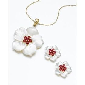 14k Gold Ruby and White Mother of Pearl Flower Earrings by Ruby Birthstones