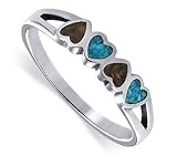 Turquoise Coral Tiny Heart 4 MM Band Sterling Silver South Western Native American Style Chip inlay Ring