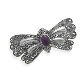 Oxidized Sterling Silver Ornate Butterfly Shape Hair Clip With 14mm X 10mm Oval Amethyst Center: Jewelry