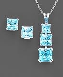14k White Gold Princess-Cut Blue Topaz Pendant & Earring Set