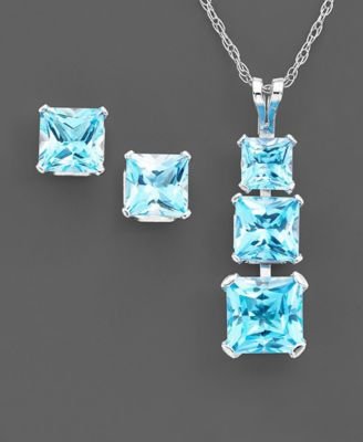 Childrens Toyshop  Jewelry : 14k White Gold Princess-Cut Blue Topaz Pendant & Earring Set