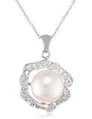 Sterling Silver, White Topaz, and Freshwater Cultured Pearl (9.5-10mm) Flower Pendant Necklace, 18"