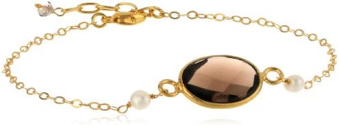 Faceted Oval Smokey Quartz Bezel and White Freshwater Cultured Pearl on Sterling Silver Chain, 7.5"