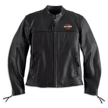 Harley Davidson Mens Stock Leather Jacket, made of drum-dyed, midweight leather. Features action back, mandarin collar, zippered cuffs, and hand-warmer pockets with a Bar & Shield logo patch on left chest, 98112-06VM, Large