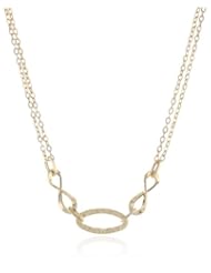 14k Italian Yellow Gold Polish and Textured Oval Link Station with Double Chain Necklace, 17.5"