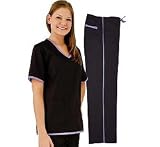 Women's Scrub Set - Contrast Trim Top & Pant (15 Colors, XS-3X)