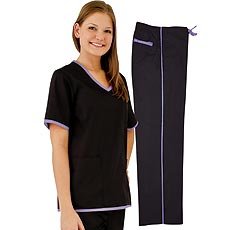 Women's Scrub Set - Contrast Trim Top & Pant (15 Colors, XS-3X)