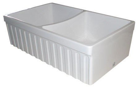 Whitehaus WHQDB332-WH Farmhaus Quatro Alcove 33-Inch Reversible Double Bowl Fireclay Sink with Fluted Front Apron, White
