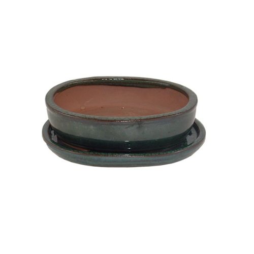 15cm Green Oval Bonsai Pot and Tray Set