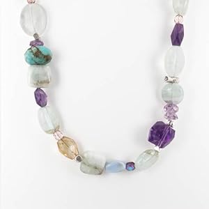 Amethyst, Aquamarine, and Citrine Gemstone Beaded Necklace with Butterflies in Sterling Silver, 21" Length, #7532