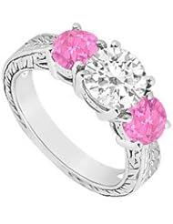 Three Stone Pink Sapphire and Diamond Ring 14K White Gold - 1.50 CT TGW