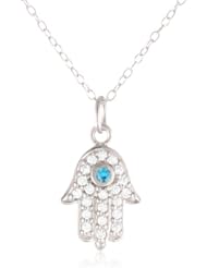 Sterling Silver Cubic Zirconia with Blue Center Hamsa, Hand of God, Petite Pendant Necklace, 18"