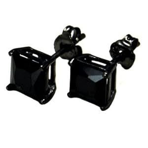 Authentic Black Enamel Stud Earrings Sterling Silver .925 Genuine Black Diamond Color Cubic Zirconia Princes Cut 2 Carat Total Weight Special Limited Time Offer Super Sale Price, Comes with a Free Gift Pouch and Gift Box