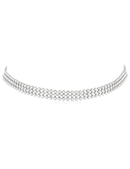 Italian Sterling Silver Bezel-Set Row Swarovski Crystal 3-Row Choker Tennis Necklace, 14.5"+ 2" Extender