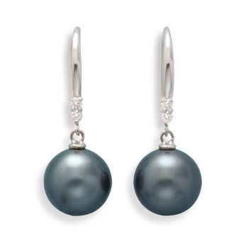 10mm Cultured Tahitian Pearl and Diamond 18K White Gold French Wire Earrings