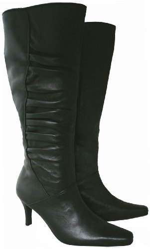 Black Real Leather Pintuck Knee High Length Boots