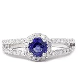 1.00CT Diamond & Blue Sapphire Halo 14K White Gold Anniversary Engagement Ring