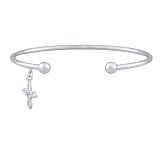 Rhodium Plated Sterling Silver Cross Dangle Cuff Bracelet, 7