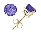 All-Natural Genuine 5 mm, Round Tanzanite earrings set in 14k Yellow gold