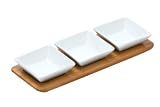 Premier Housewares Porcelain Square Snack Bowls on Bamboo Tray, Set of 3, White