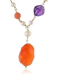 Carnelian Nugget Multi-Gemstones Gold over Silver Linked White Freshwater Cultured Pearls Pendant Necklace, 17"