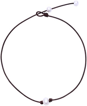 Annie Pearl Handmade Single Freshwater Pearl Choker Necklace on Brown Genuine Leather Cord for Women