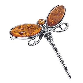Sterling Silver Amber Dragonfly Brooch Insect Pin 38 MM Long and 38 MM Wide