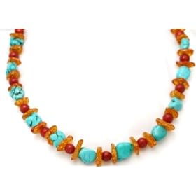 Turquoise Necklaces Turquoise, Amber and Coral Beads Beaded Necklace 17" Long