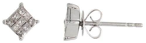 14k White Gold Square Stud Diamond Earrings, w/ 0.25 Carat Invisible Set Diamonds, 3/16 (5mm)