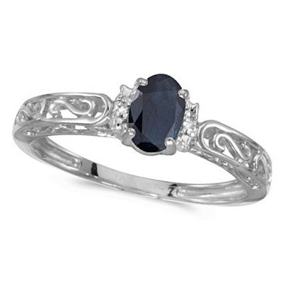 Blue Sapphire and Diamond Filigree Antique Style Ring 14k White Gold