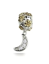 Best Gift, Sterling Silver and 18k Yellow Gold Accent Flowers and Moon with White Topaz , Fits Pandora and All Barnds Charm Bracelets and Necklaces.