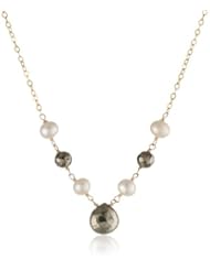 Linked Center Pyrite and White Freshwater Cultured Pearls on Gold over Silver Chain Necklace, 16"+2" Extender