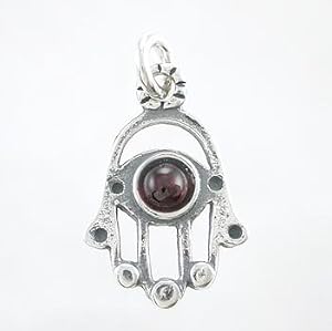 Hamsa Hand Pendant with Garnet Gemstone in Sterling Silver, #8382