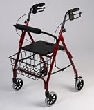 Rollator walker - Burgundy. This Walking Rollator has a Lightweight aluminum frame. Handles are adjustable for different heights, Locking hand brakes, Molded seat with easy fold handle, Limited lifetime warranty on the frame.