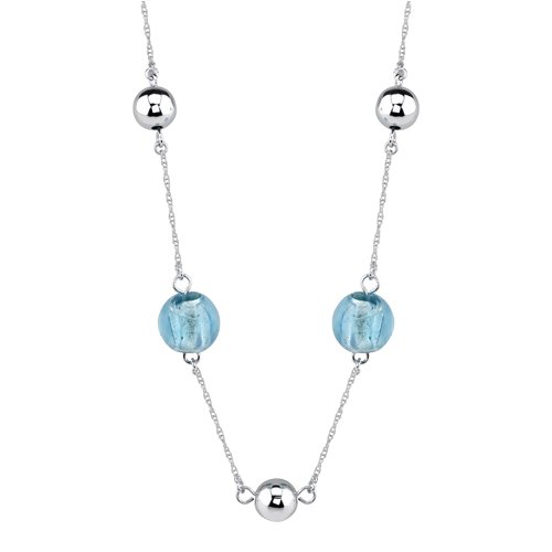 Serene Blue: Sterling Silver Murano Glass Station Style fully-drilled Bead Necklace with Silver Beads