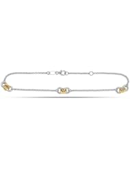 14K Yellow And Rose Gold With Sterling Silver Fancy Hearts Anklet (10 Inches)