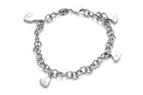 14K White Gold Link Bracelet, Enhanced with Four Dangling Bezel Set Diamond Heart Charms.