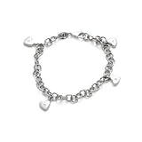 14K White Gold Link Bracelet, Enhanced with Four Dangling Bezel Set Diamond Heart Charms.