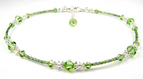 August Peridot Beaded Anklets - Adjustable Birthstone Ankle Bracelets in Sterling Silver Handmade Jewelry