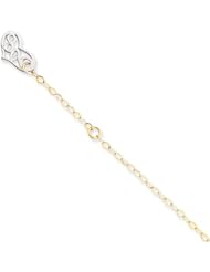 14 Karat White and Yellow Gold Dangle Heart Anklet, 10 Inch