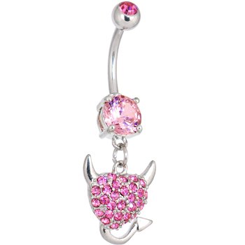 Pink Double Gem JEWELED DEVIL HEART Dangle Belly Ring - Buy Pink Double Gem