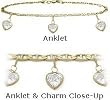 10 Karat Yellow Gold 9" Flat Gucci Style 3 White Stone Heart Charm Anklet