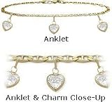 10 Karat Yellow Gold 9" Flat Gucci Style 3 White Stone Heart Charm Anklet