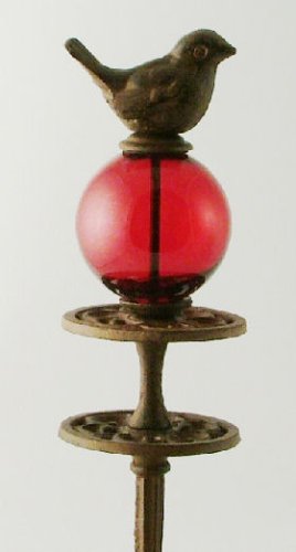 Cast Iron Bird Garden Hose Guide with Red Gazing Globe