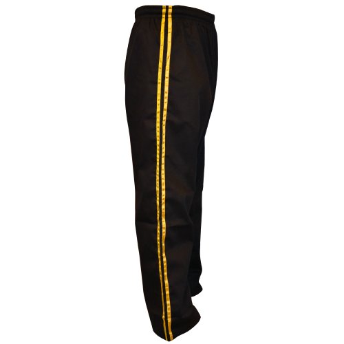 TurnerMAX Adult Karate Pants Black Poly Cotton Sports & Martial Arts Trousers Yellow Stripes MMA Kick Boxing
