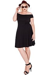 Plus Size Polyester/Rayon/Knit Off the Shoulder Bateau Neck Fit-and-Flare  Dress