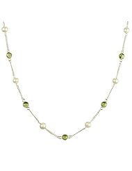Sterling Silver Chain, Freshwater Pearl and 7 Station Peridot Cabochon Necklace