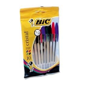 Bic Cristal medium point ball pens in mixed assorted colours - pack of 10 clear barrel biros