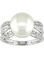14k White Gold 10-10.5 MM Freshwater Cultured Pearl, and Diamond Ring (0.138 Cttw, G-H Color, I1-I2 Clarity)