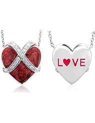 Sterling Silver Red Heart White Diamond Pendant LOVE (HI,I,.13carat)
